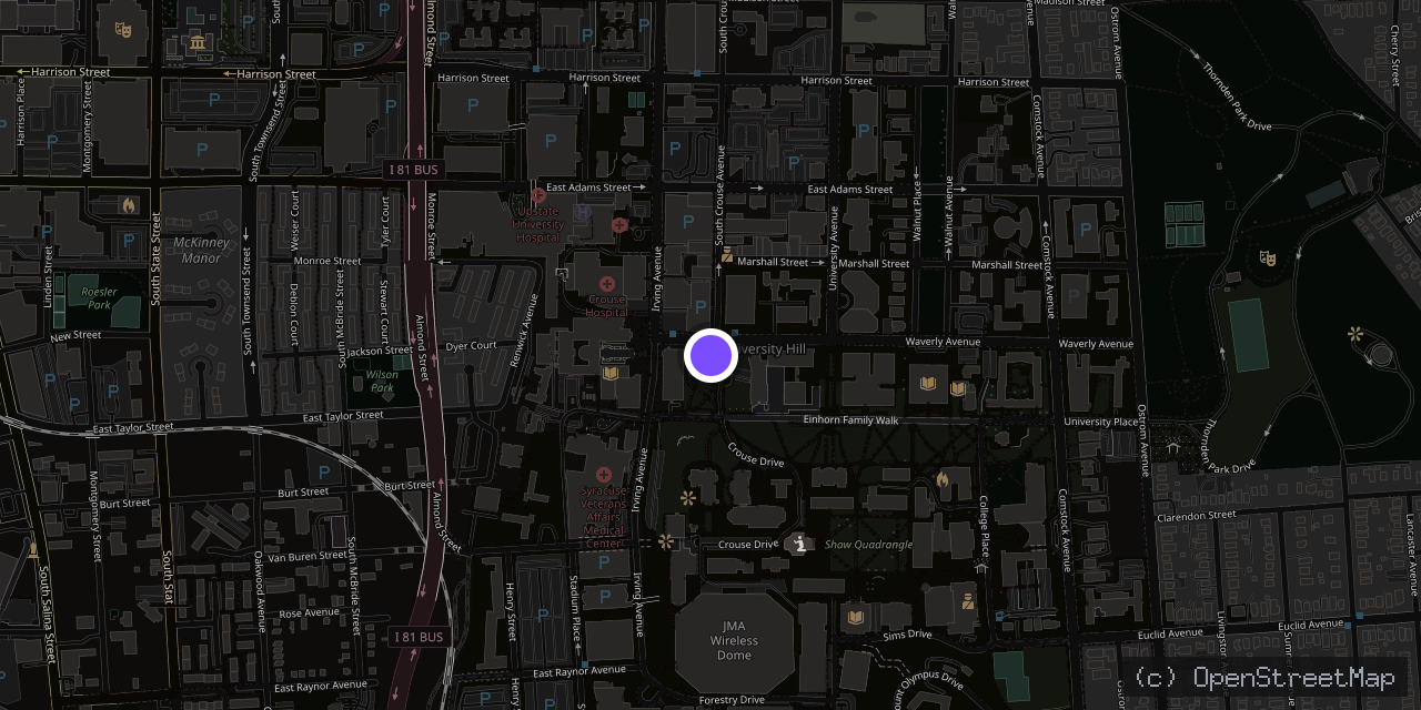 Map of Crouse-Hinds Hall, 900 S Crouse Ave, Syracuse, NY 13210, USA