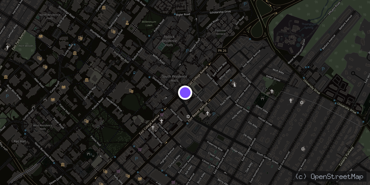 Map of 418 E College Ave, State College, PA 16801, USA
